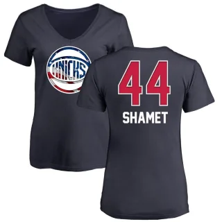 Women's New York Knicks Landry Shamet Navy Name and Number Banner Wave V-Neck T-Shirt