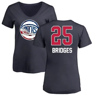 Women's New York Knicks Mikal Bridges Navy Name and Number Banner Wave V-Neck T-Shirt